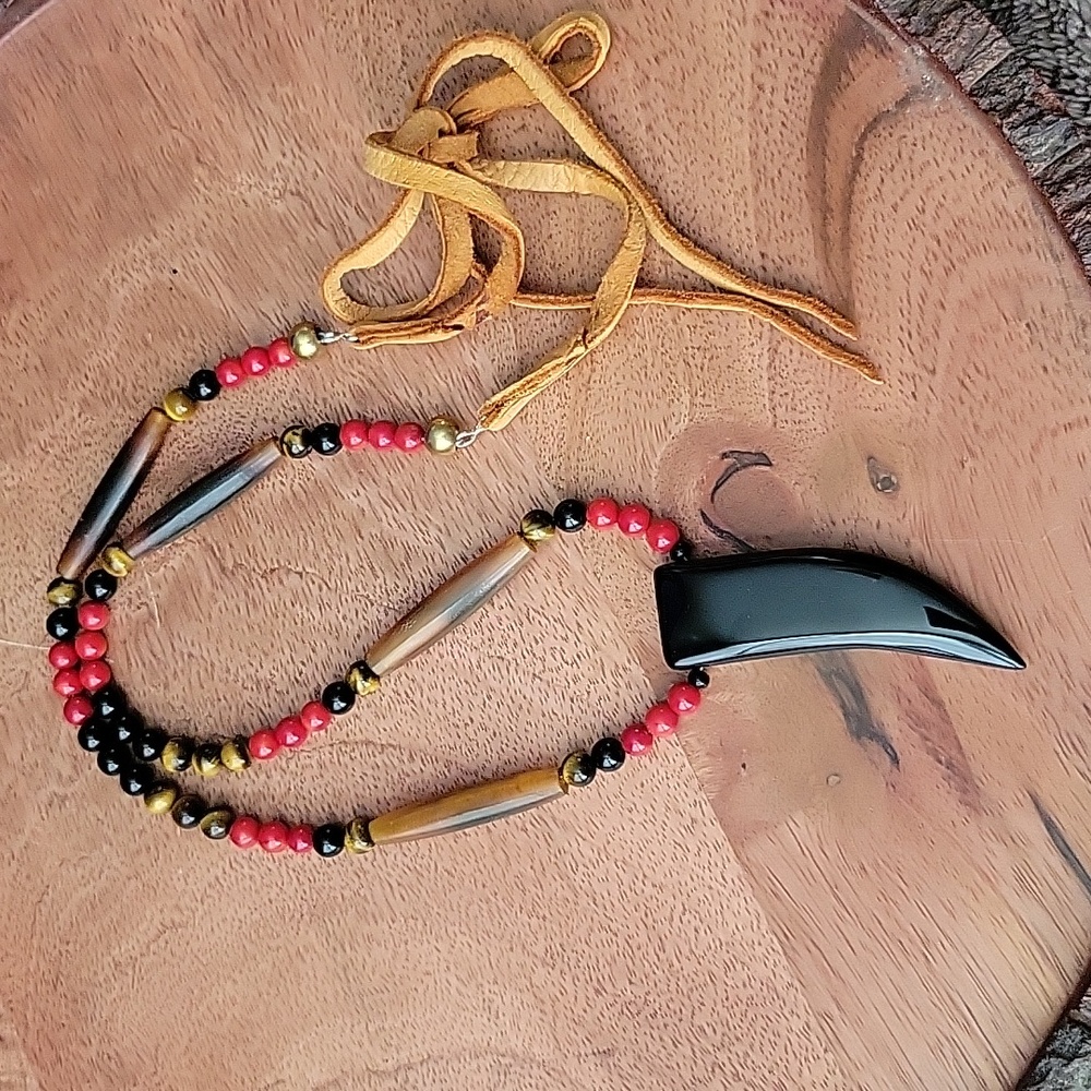 Southwestern Tiger Eye Onyx Hairpipe Bone Jasper Claw Necklace Biker Gift